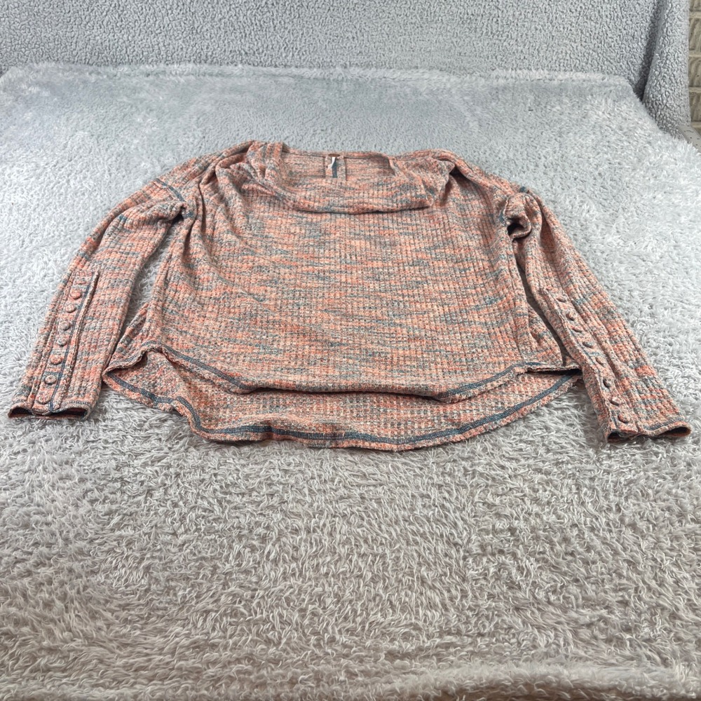 Free People Waffle Knit Thermal Top Coral Blue Button Sleeve High Neck Size S